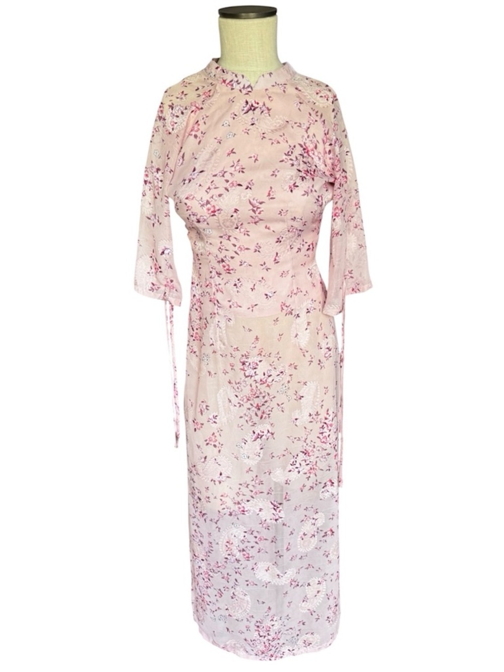 The Kat Vietnamese Ao Dai Chiffon Long Petal Pink Floral Tunic-No Pants Sz S-XS